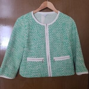 CAbi Clover Tweed Jacket Size 8 Green Cream Zip Up Career Blazer